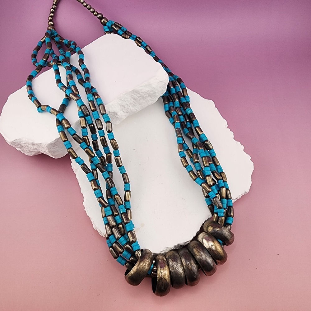 Southwestern Multi Strand Turquoise Color Bead Necklace Silver Tone Statement